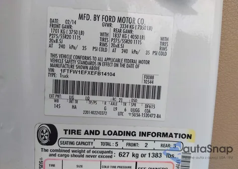 2014 Ford F-150 Lariat z USA, uszkodzony, nr VIN 1FTFW1EFXEFB14104